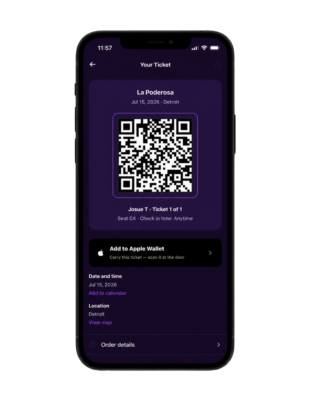 The Rumba ticket screen on a phone, showing the QR code scanned at the door